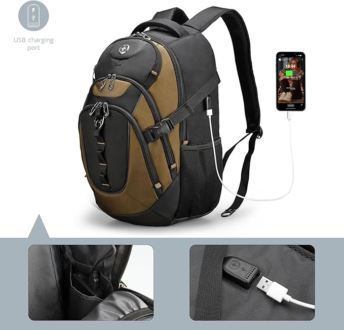 Swissdigital Design Laptop Backpack with USB Charging Port, Travel Backpack Fits 15.6 inches Computer, 31L College School Backpack for Men, Tan/Black | SD803-34
