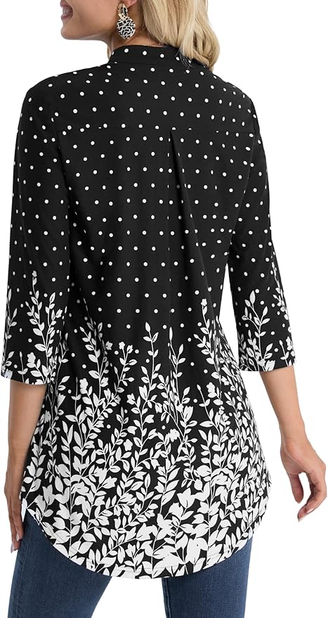 BAISHENGGT 3/4 Sleeve Tops for Women Notch V Neck Floral Work Blouses Dressy Casual Loose Fit Going Out Tunic Tops