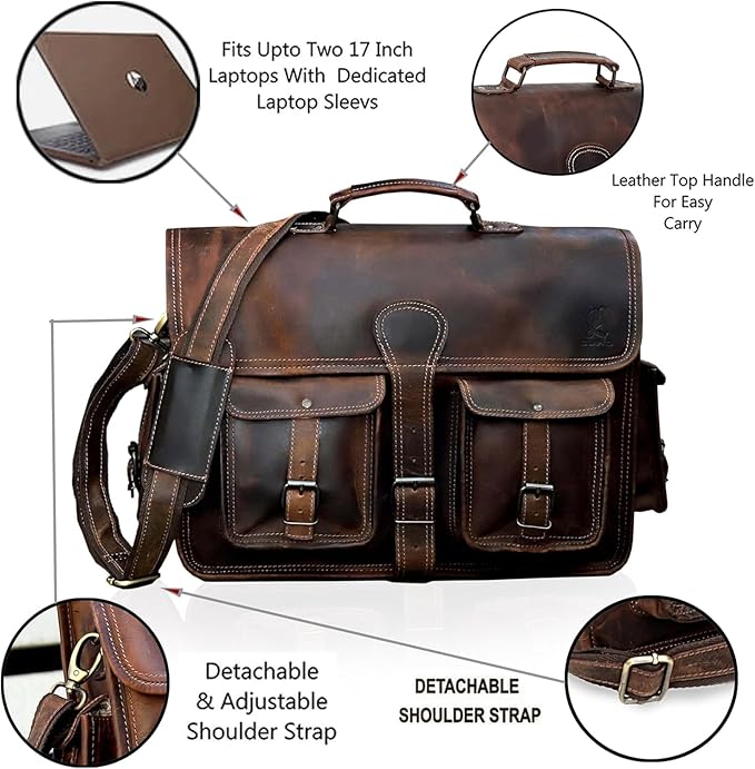 cuero Leather Messenger Bag for Men, 16 Inch Laptop Crossbody, Vintage Handmade Leather Shoulder Satchel Bag for Men, Full Grain Business Briefcase for Office/Work/Travel - Brown