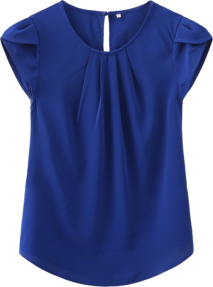 TASAMO Women's Casual Round Neck Basic Pleated Top Cap Sleeve Curved Keyhole Back Chiffon Blouse