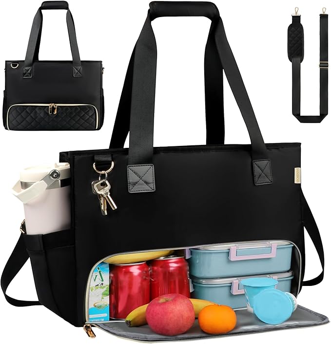 2-in-1 Laptop Tote Bag for Women with Big Insulated Lunch Compartment, Soft Nylon Work Tote Bag with 15.6 Inch Laptop Compartment& Cup Holder for Teacher Nurse Business Travel Daily (Black)