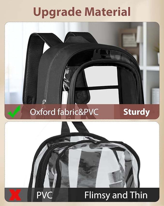 KIMNERPU Clear Backpack, Heavy Duty Transparent Bookbag for School, Fabric & PVC Transparent Backpack with Reinforced Strap for Women Men, Capacity Clear Bag for College, Travel, X-Large Black