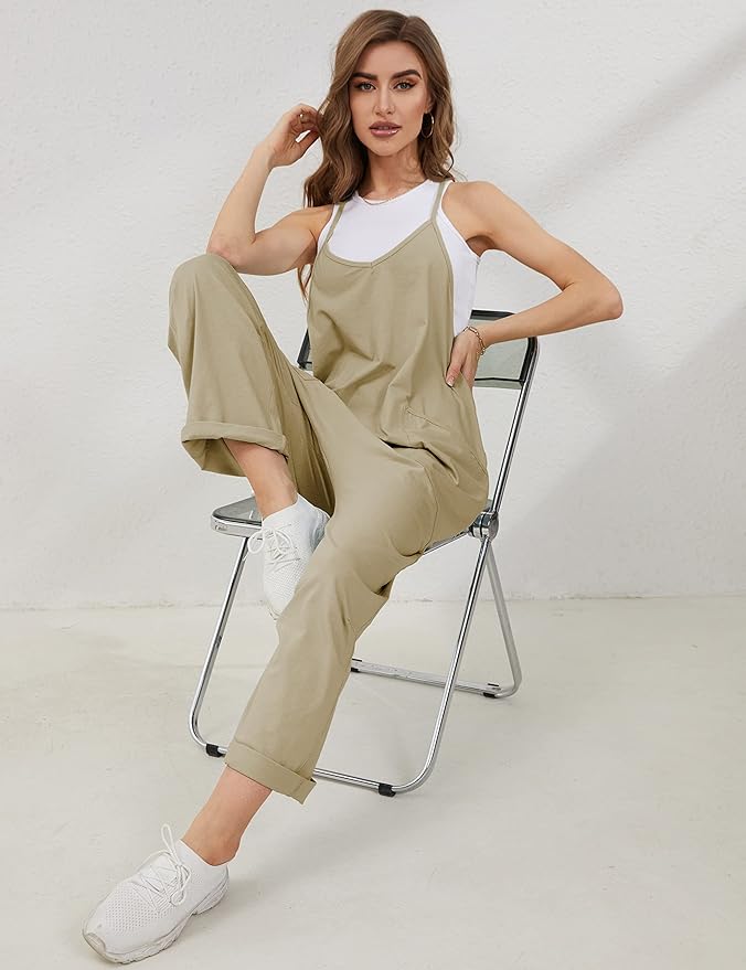 Lentta Women's Causal Jumpsuits V Neck Sleeveless Harem Overalls Stretchy Adjustable Strap Romper with Pockets