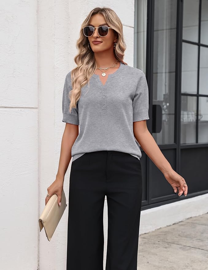 Zeagoo Women's Short Sleeve Sweater 2026 Spring Summer Tops Lightweight Casual V Neck Sweaters Dressy Work Blouses Clothes