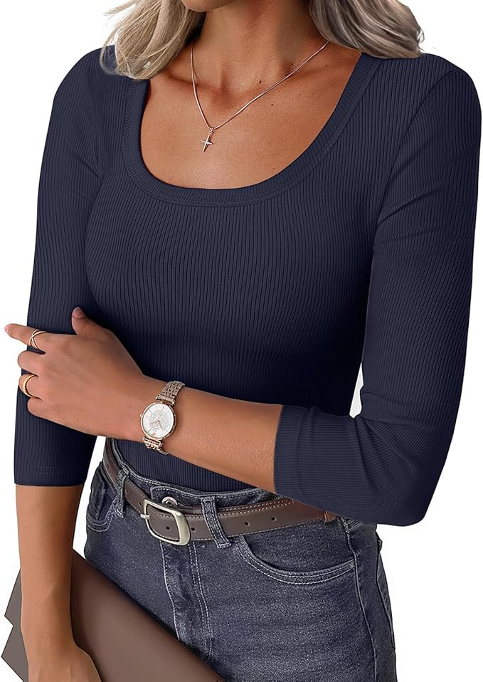 Womens 3/4 Sleeve Scoop Neck Top Ribbed Knit Slim Fitted Casual Basic Tee Shirts 2025 Fall Trendy Work T-Shirt Outfits