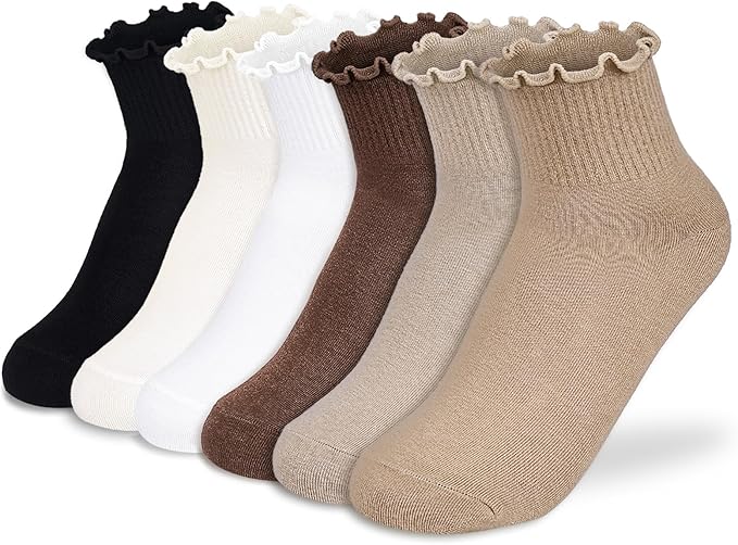BIVOLU Womens Ankle Socks Ruffle Cotton Cute Frilly Trim Breathable Ankle Ruffled Socks 6 Pack