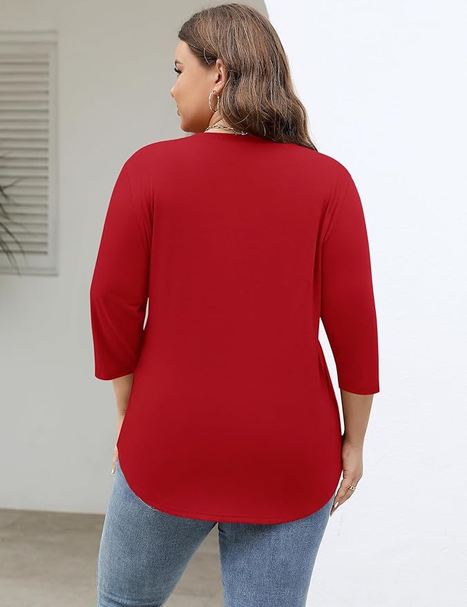 TFSDOD Womens Plus Size Tops V Neck T Shirts 3/4 Sleeve Blouse Summer Casual Tees XL-5X