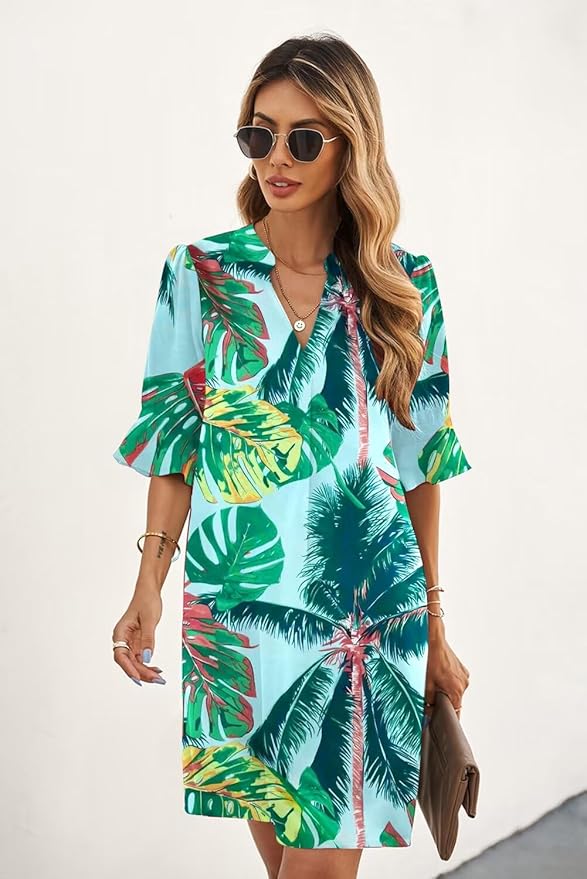 QACOHU Summer Dresses for Women V Neck Ruffle Short Sleeve Casual Shift Dress