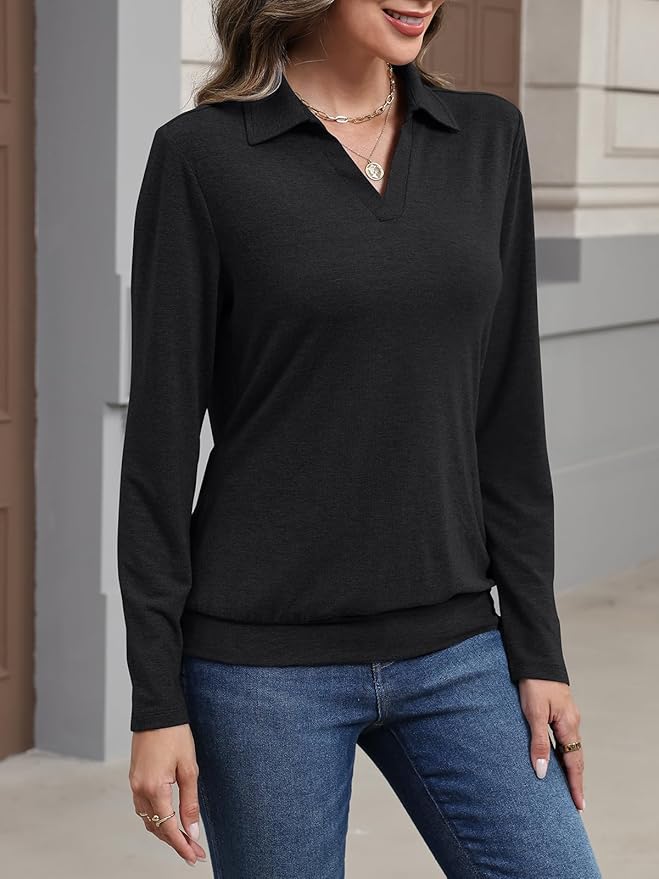 Womens Polo Shirts Long Sleeve Banded Bottom Tops Business Casual Tops Collared V Neck Blouses
