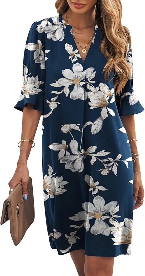 Wkior Shift Dress for Women V Neck Short Sleeves Solid Color Casual Flowy Summer Dresses(S-2XL)