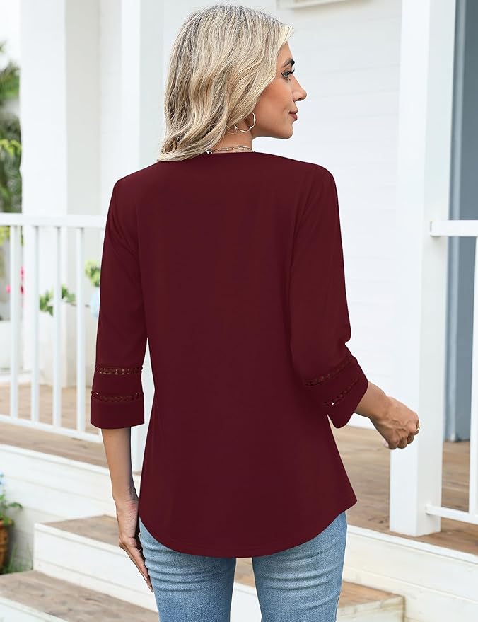 Ivicoer 3/4 Length Sleeve Womens Tops V Neck Lace Embroidered Summer Blouses Loose Fit Tunic Dressy Casual
