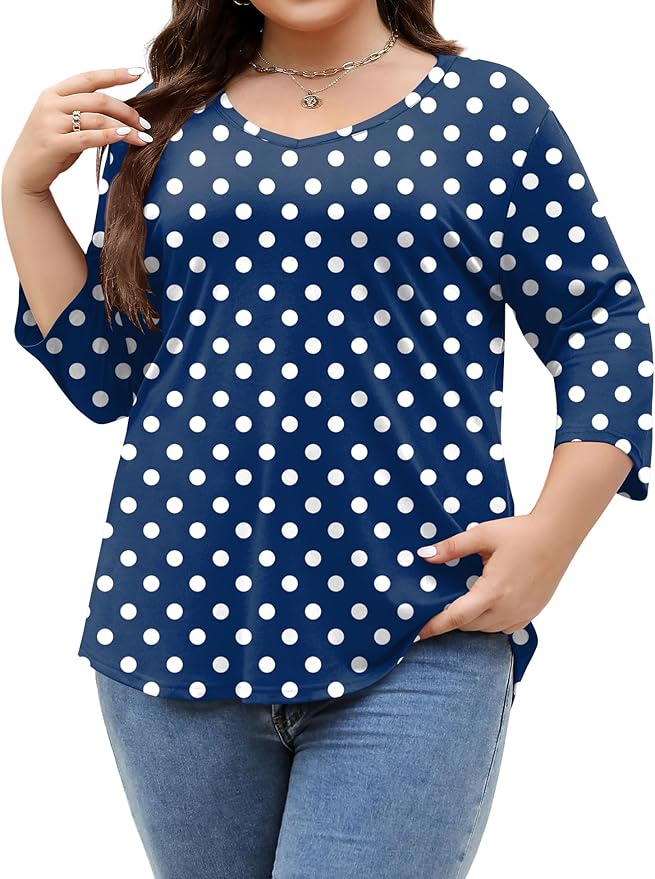 TFSDOD Womens Plus Size Tops V Neck T Shirts 3/4 Sleeve Blouse Summer Casual Tees XL-5X