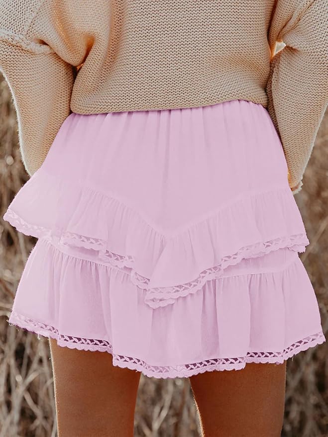 Aoudery Flowy Shorts for Women Casual Boho Ruffle Tiered Skorts High Waist Mini Skirts Golf Tennis Crochet Shorts