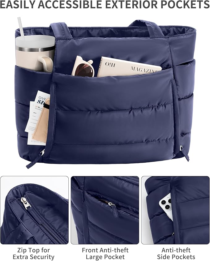 Puffer Tote Bag for Women, Lightweight Puffy Work Handbag Teacher Nurse Quilted Shoulder Bag for School Travel Gym | Quilted, with Zipper, Daily Carry On Bags, Comfy College Bags, 15.6" Laptop Sleeve, Cup Holder Pocket, Portable, Spacious