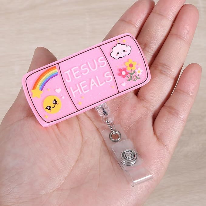 Jesus Heals Funny Nurse Badge Reel, Cute Pink Bandaid Retractable ID Card Pediatric Badge Holder, Name Tag Medical Work Badge Clip for RN CNA MA PS PR EC Nurse Nursing Student Teacher Medical Workers