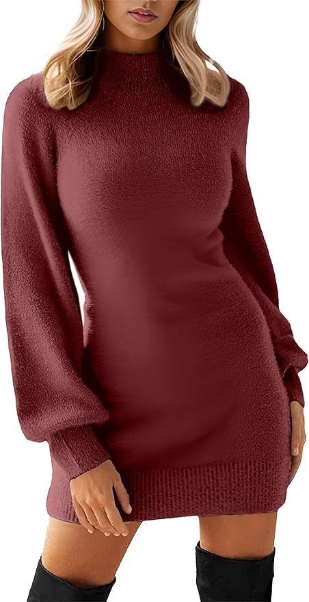 GRECERELLE 2026 Women's Mock Neck Ribbed Long Sleeve Bodycon Pullover Cute Mini Sweater Dress (XS-2XL)
