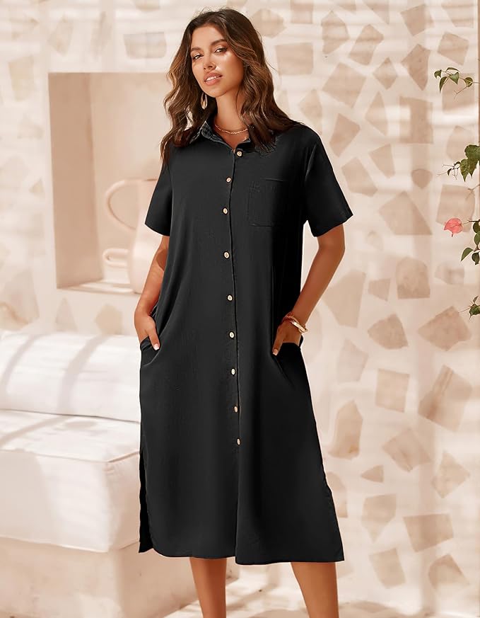 Zeagoo Women Dresses Summer Casual Short Sleeve Button Down Shirt Dresses 2025 Beach Cover Up with Pockets