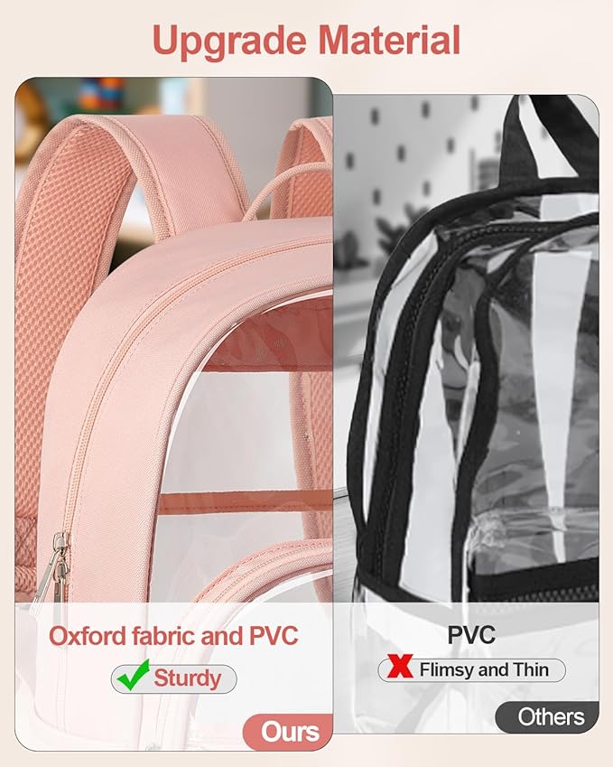 KIMNERPU Clear Backpack, Heavy Duty Transparent Bookbag for School, Fabric & PVC Transparent Backpack with Reinforced Strap for Women Men, Capacity Clear Bag for College, Travel, Security, Pink