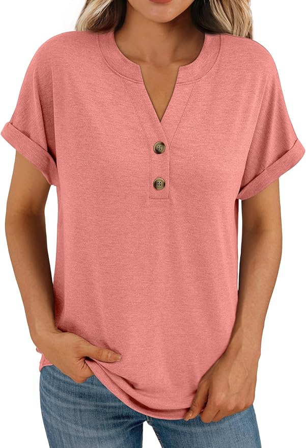 AUTOMET Women's Short Sleeve Shirts Henley Dressy Casual Summer Tops 2026 Spring Fashion Trendy Cute T-Shirts