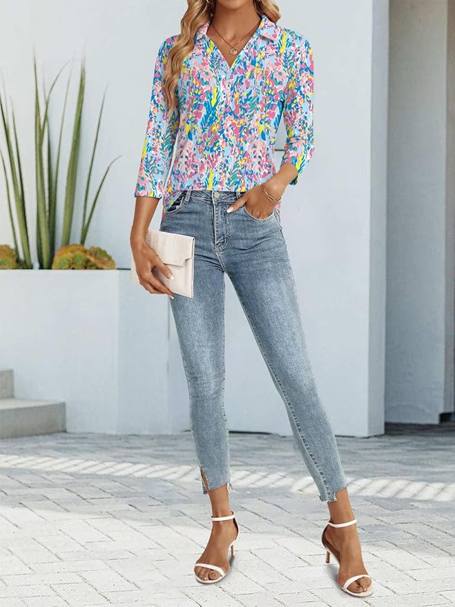 3/4 Length Sleeve Womens Tops Dressy Casual V Neck Polo Shirts Business Work Blouses 2025 Trendy Tunic Top