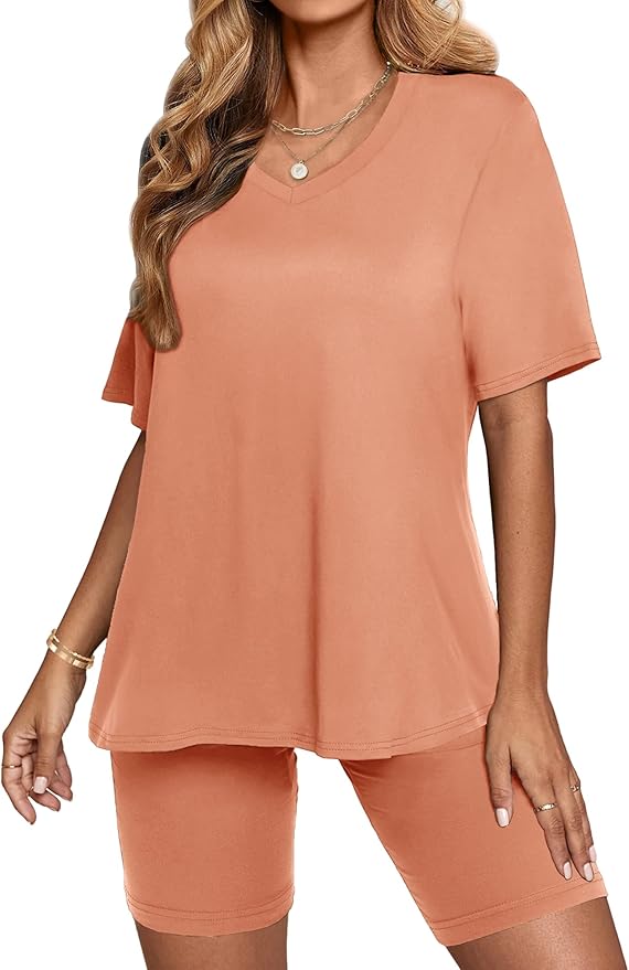 AGSEEM Two Piece Outfits For Women Summer V Neck T-Shirt Tops Biker Shorts Workout Sports Tracksuit