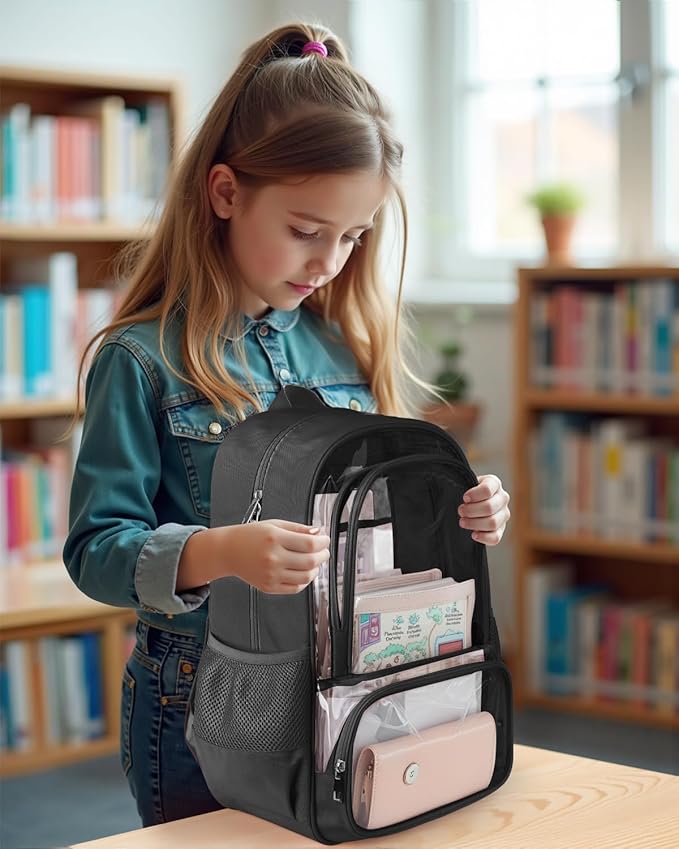 KIMNERPU Clear Backpack, Heavy Duty Transparent Bookbag for School, Fabric & PVC Transparent Backpack with Reinforced Strap for Women Men, Capacity Clear Bag for College, Travel, X-Large Black