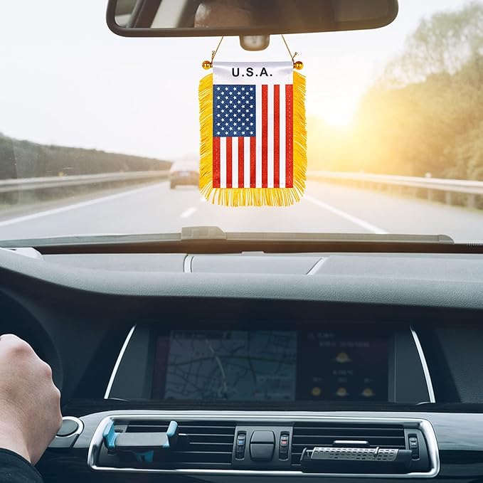 ZXvZYT 3 X 5 Inch America USA Window Hanging Flag US Small Mini Car Flags Banners Rearview Mirror Decoration - with Suction Cup & Golden Fringy Banner(2 Pack)