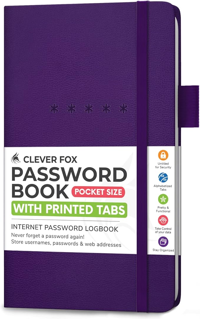 Clever Fox Password Book – Alphabetized Internet Address & Password Organizer - Computer & Website Password Keeper Notebook – Log-In Password Journal – Pocket, 6.2x3.5″, Hardcover (Purple)