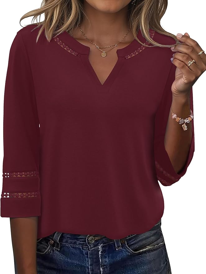 Ivicoer 3/4 Length Sleeve Womens Tops V Neck Lace Embroidered Summer Blouses Loose Fit Tunic Dressy Casual