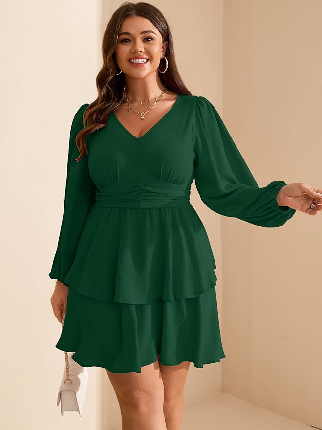 RWJ Plus Size Dresses for Curvy Women V Neck Long Sleeve Elastic Waist Fall Wedding Guest Layer Casual Mini Dress