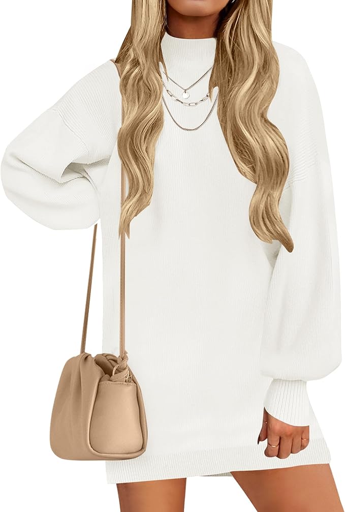 ZESICA Women's 2026 Fall Turtleneck Sweater Dress Oversized Long Lantern Sleeve Casual Knit Pullover Mini Dresses