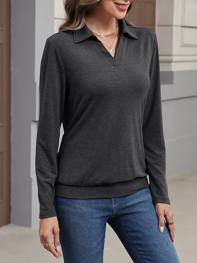 Womens Polo Shirts Long Sleeve Banded Bottom Tops Business Casual Tops Collared V Neck Blouses