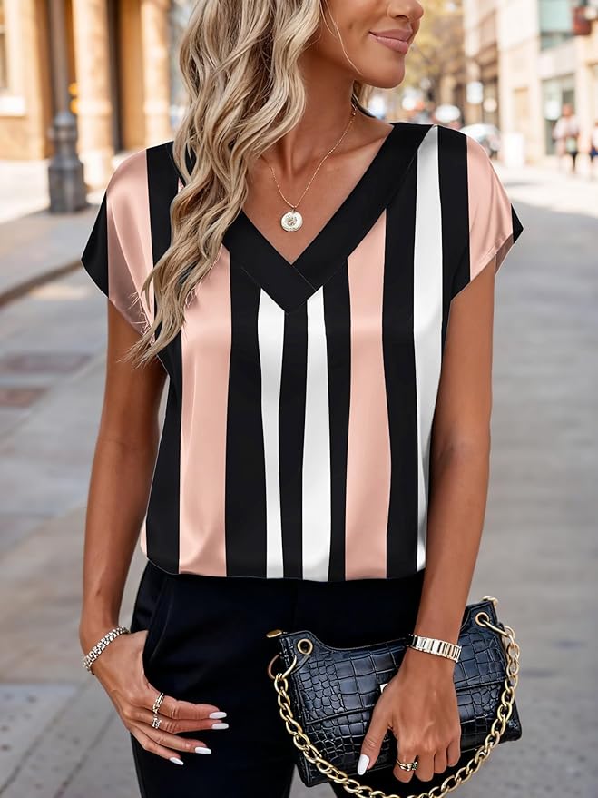Zeagoo Women Silk Satin Tops Cap Short Sleeve Blouse V Neck Shirts Business Casual Outfits S-2XL