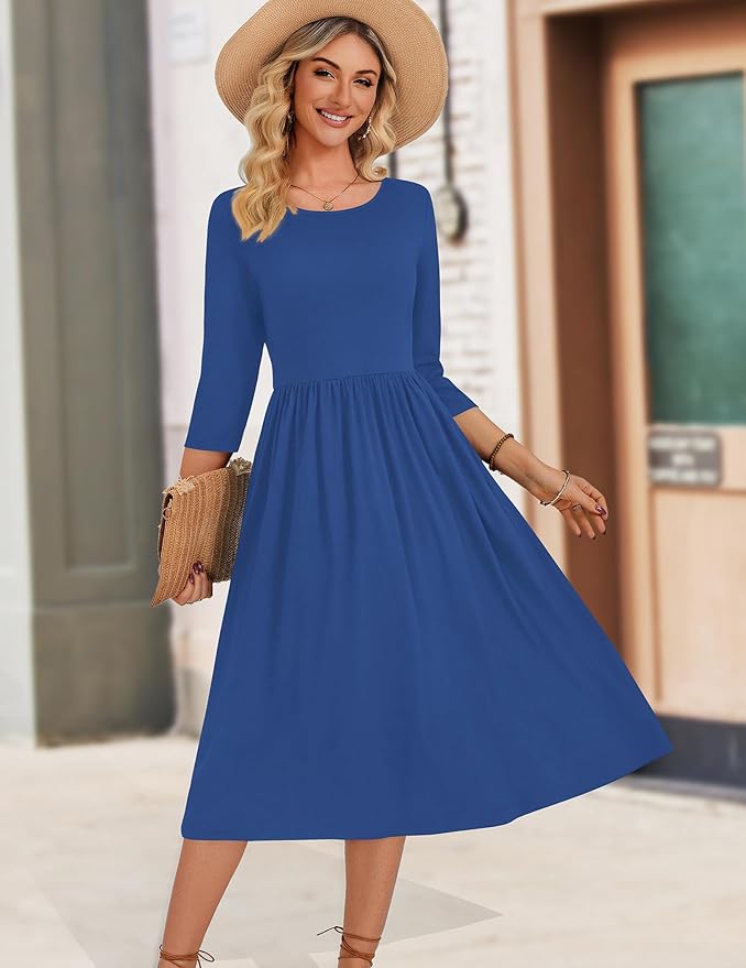 Zeagoo 3/4 Sleeve Women's Dress Casual Flowy A-Line Midi Tshirt Dresses with Pockets Crewneck Vocation Boho Beach Sundress