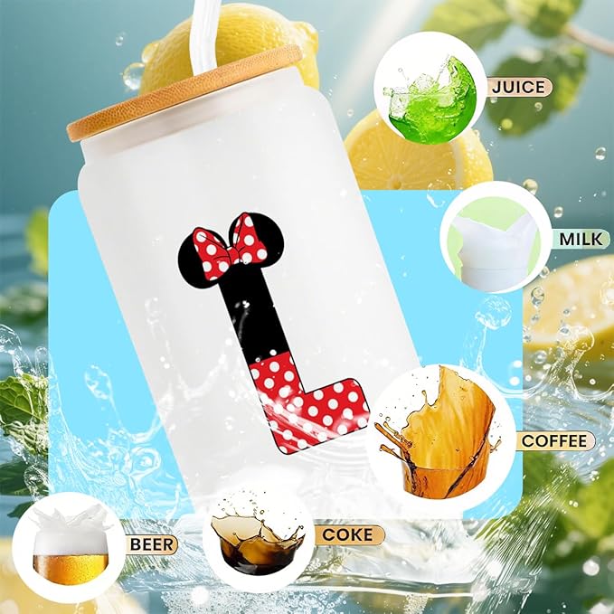 Cute Cartoon Mouse Lover Gifts Initial A-Z Personalized Iced Coffee Cup Magic Mouse Stuff Wizard Gift 16oz Glass Cup with Lid and Straws Birthday Christmas Gifts for Women Teen Girls (Letter L)