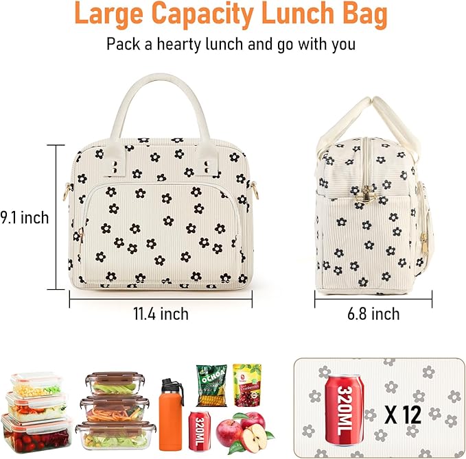 Lunch Bag Large Insulated Lunch Box for Women Men Adult Cute Black Floral Lunchbox Corduroy Lunch Bags Boxes Pail with Shoulder Strap for Work Mom Picnic Office Travel 11.4×6.8×9.1 inches 11.5L