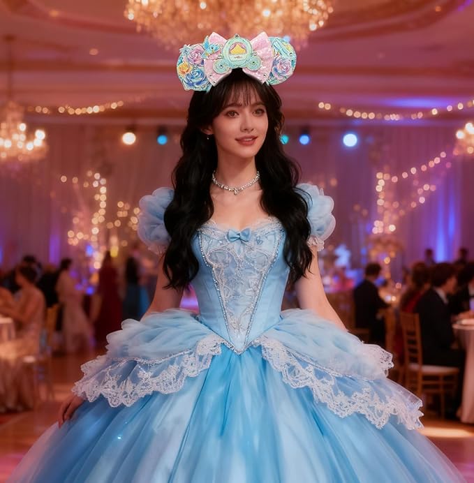 WW-WONDERFULWORLD Mouse Ears Headband With Shiny Sequins Diamond Decoration, for Costume Cosplay Glitter Party, Amusement Park, Blue; 130-7