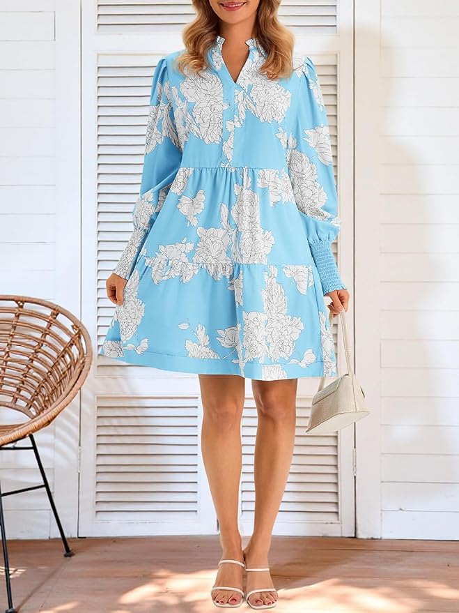 Imily Bela Womens Fall Long Sleeve Tunic Dress Casual V Neck Loose Ruffle Tiered Dress