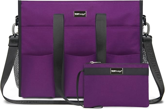 TOPDesign Utility Water Resistant Tote Bag with 22 Pockets, Top Zipper Closure & Thick Bottom Support, for Working Women