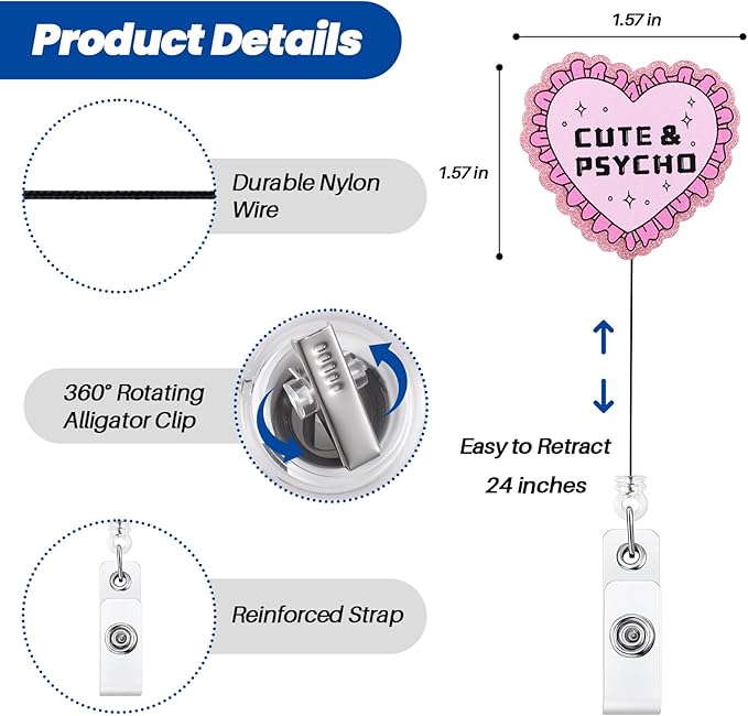 Cute & Psycho Funny Nurse Badge Reel, Pink Retractable ID Card Badge Holder, Name Tag Medical Badge Buddy for RN MA CNA PCA OB/GYN Pediatric Nurse Student Healthcare Friends Workers, Coworker Gifts