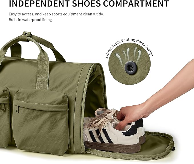 Aji Foldable Gym Bag for Women Men with Shoes Compartment, 3 in 1 Carry on Travel Duffel Bag with Trolley Sleeve, Lightweight&Water Resistant Duffel Bag for Travel, Sport, Fitness&Workout,Garden Green