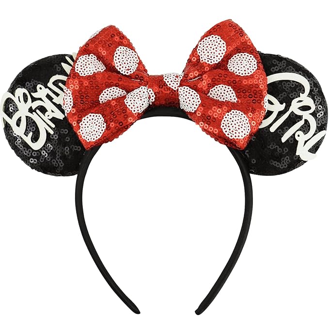 LIHELEI Mouse Ears Headband for Birthday Women, Sequin Mouse Ears for Women Princess Birthday Party Halloween Costume, Shiny Park Ears for Adult - Red and Black