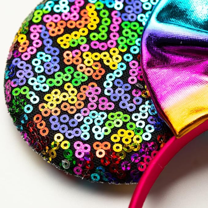 Foeran Mouse Ears Headbands Shiny Bows Mouse Ears Glitter Party Princess Decoration Cosplay Costume for Girls Women (Magic rainbow-1)