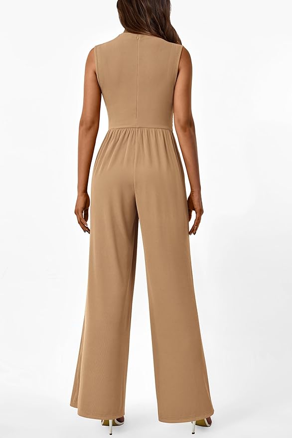 PRETTYGARDEN Womens Summer Jumpsuits Dressy Casual One Piece Outfits Sleeveless Mock Neck Wide Leg Pants Rompers with Pockets