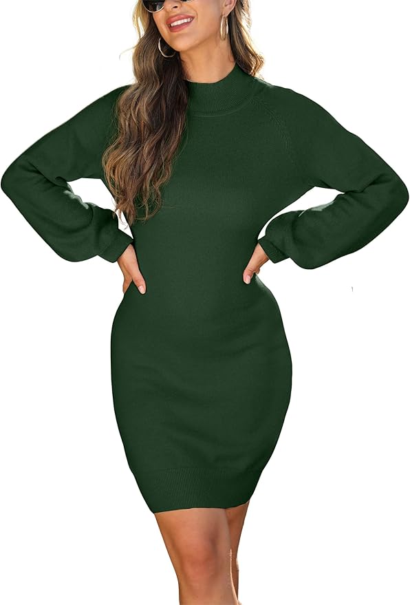 GRECERELLE 2026 Women's Mock Neck Ribbed Long Sleeve Bodycon Pullover Cute Mini Sweater Dress (XS-2XL)