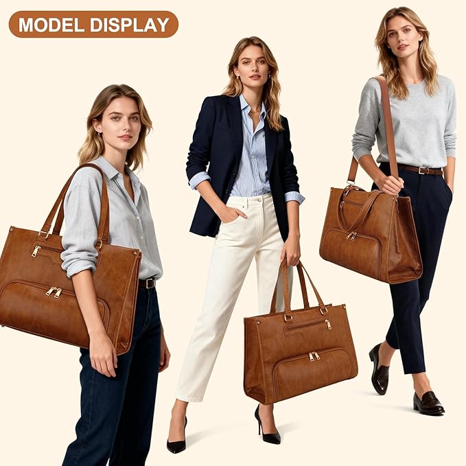 KKXIU Lunch Tote Bag for Women - 15.6" Ladies Work Tote, Laptop Purse with Insulated Lunch Compartment, Quilted Computer Handbag with Large Capacity for Work, Office, Nurse, Teacher (Brown)