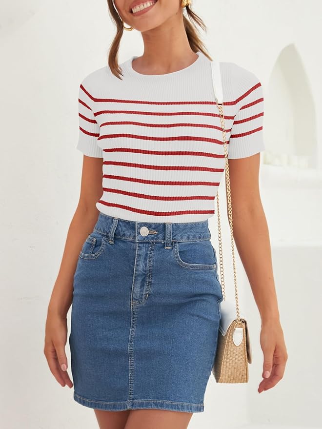 ZESICA Women's Short Sleeve Crewneck Striped T Shirt 2026 Summer Ribbed Knit Slim Fit Casual Basic Tee Tops