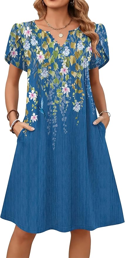 Zeagoo Women's Casual Dresses with Pockets Summer Floral V-Neck A-Line Tshirt Dress Short Sleeve Mini Dress Beach Sundress