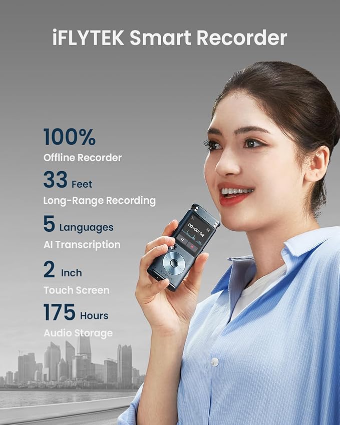 iFLYTEK AI Voice Recorder with Playback, Digital Voice Recorder with Voice-to-Text Transcription & Smart Summarize, AI Recorder Transcriber for Lectures, Interviews, Conferences & Lawyers
