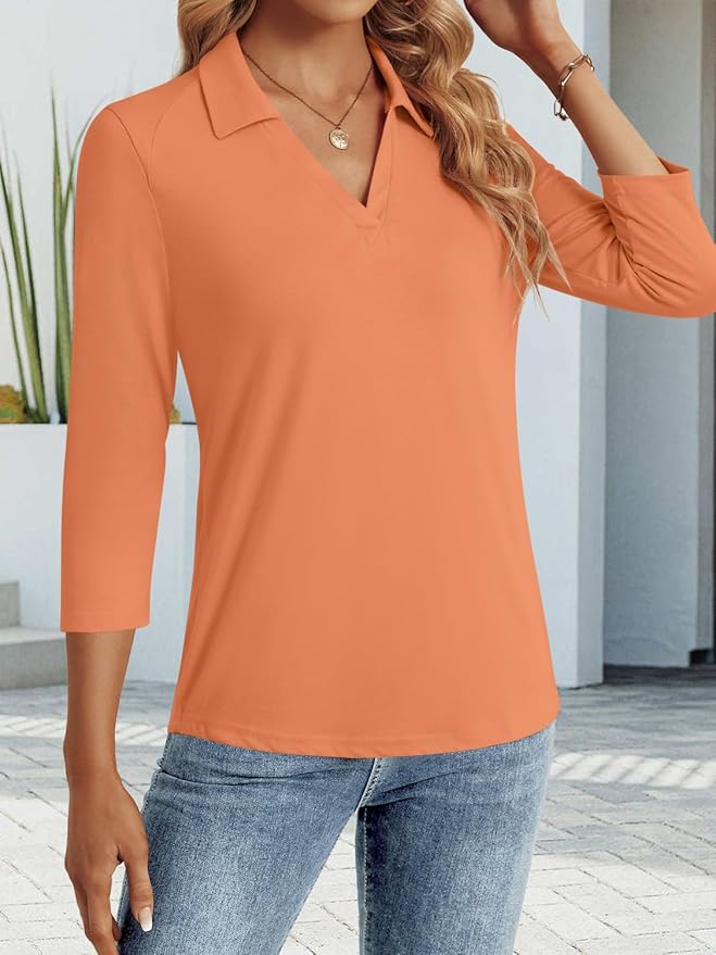 3/4 Length Sleeve Womens Tops Dressy Casual V Neck Polo Shirts Business Work Blouses 2025 Trendy Tunic Top